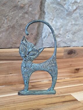 Vintage MCM Italian Bronze Cat Figurine Verdigris Ring Holder Italy 7